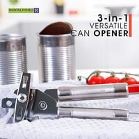Royalford 3-in-1 Can Opener with Stainless Steel Tube Handle   Manual Tin Can Opener   Easy to Use Bottle Cap Opener, Can Tin &amp; Jar Opener All-in-1   Easy Turn Knob and Ergonomic Soft Grips Handles