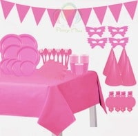 Party Time 110pcs Pink Party Supplies Disposable Paper Dinnerware Set Serves 12 guest Pink Paper Plates Napkins Cups Spoon &amp; Fork Hats Banner Table Cover Silver Party Sets for Wedding Birthday Graduat