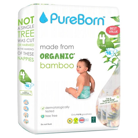 Pureborn Organic Bamboo Diaper Nappy Size 4 7-12kg White 48 Diapers