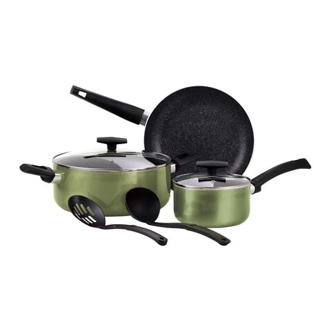Bergner Shine Aluminium Cookware Set Green And Black 7 PCS