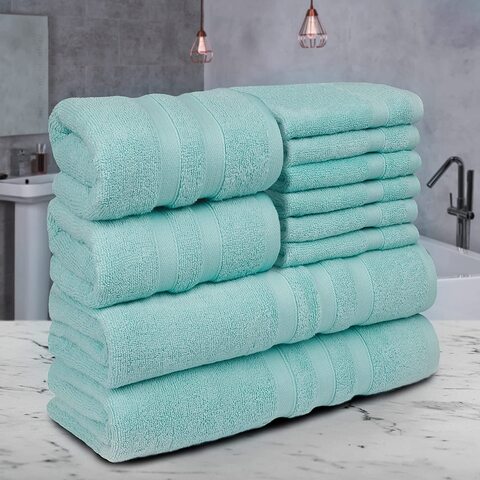 Zofty Set Of 10 Bathroom Towel Set  600 GSM - 2 Bath Towels, 2 Hand Towels and 6 Washcloths - Hotel Quality and Spa Towels, Aqua