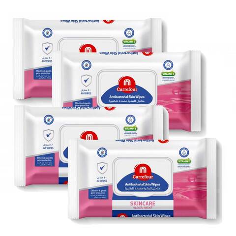 Carrefour Anti-Bacterial Skin Care 40 Wipes White Pack of 4