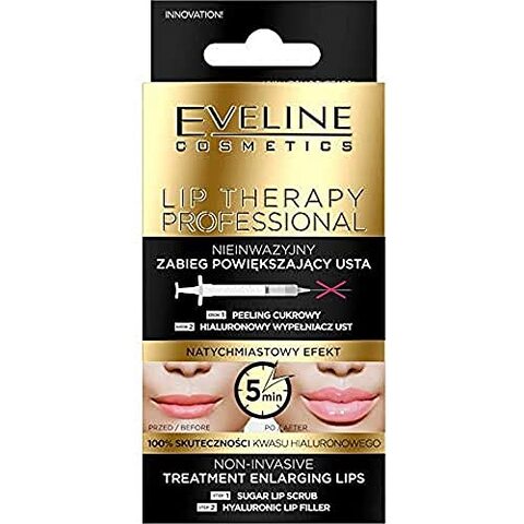 Eveline Cosmetics Lip Therapy Professional Non-invasive Lip Enralging Treatment 2in1, Sugar Lip Scrub 7ml abd Hyaluronic Lip Filler 12ml