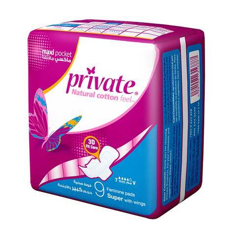 Private Natural Cotton Feel Maxi Folded with wings Super Sanitary Pads, 9 pads