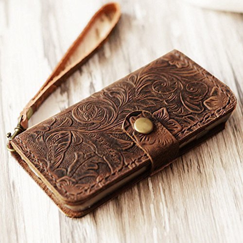 Leather iPhone XS MAX wallet Case Handmade Wristlet iPhone XS MAX Cover Tooled Flower Brown 408H-5