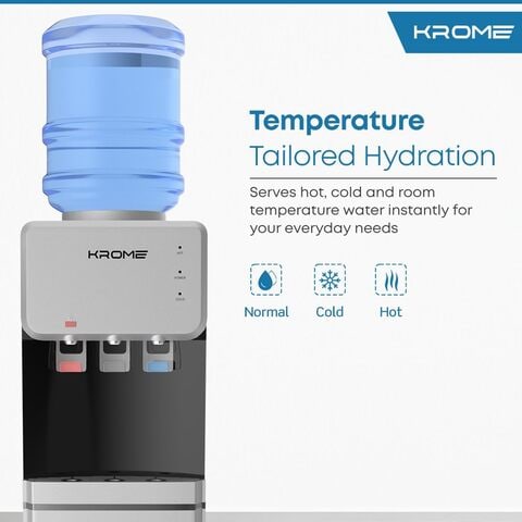 Krome Top Loading Water Dispenser, Hot, Cold And Normal Water, Floor Standing, Made With Stainless Steel Tank And Food-Grade Silicone Gel Tube, Child Lock For Hot Water, Silver &amp; Black, KR-WDTL 3TB