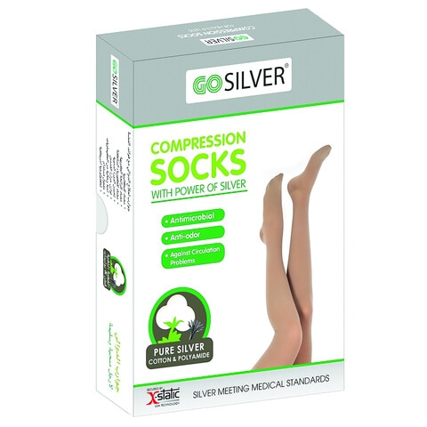 Go Silver Over Knee High Compression Socks, Class 2 (23-32 Mmhg) Open Toe With Silicon Flesh  Size 1