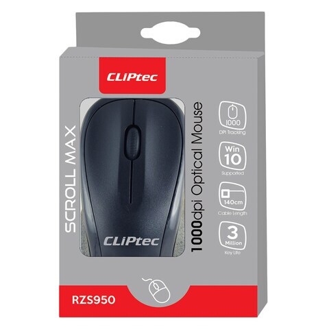 Cliptec Scroll Max RZS950 1000DPI Wired Optical Mouse Black