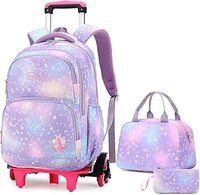 Kids Rolling Backpacks Large Capacity Children School Bag Wheeled Boys Girls Luggage Bag Fashion Printed Trolley Bags for Elementary and Middle School (3PCS Set - 1243#Purple)