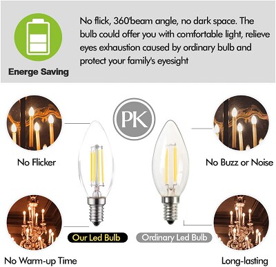 MODI E14 Candle Bulb, 40 Watt Equivalent LED Filament Light Bulbs, Non-Dimmable Soft cool White 6500K Classic Clear Glass, 800LM Flame LED Filament Candle Bulb, 4W Pack 10