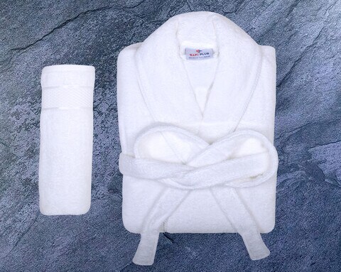 Bathrobe &amp; A Bath Towel,100% Turkish Cotton Shawl Collar Bathrobe, with a 50x90 cm Bath Towel Super Soft &amp; Absorbent for Men and Women, Unisex Adult (White)