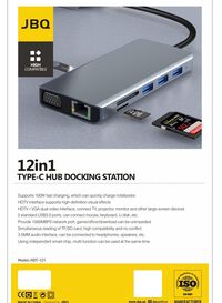 JBQ HDT-121 12 in 1 USB Type-C Hub Docking Station USB3.0x5 + HDMI + VGA + RJ45 + 3.5mm Audio + SD Card Reader + TF Card Reader + PD 100W Charging