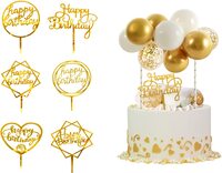 Sky-Touch 6Pcs Happy Birthday Cake Topper, Topper For Various Birthday Party Cake Decorations For Girls, Kids, Baby Birthday, Wedding Cake Decorations Supplies (Gold)