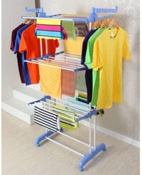 Cloth Drying Rack Carbon Steel Full Size Heavy Duty Double Pole 3 Layer Cloth Drying Stand, Laundry Rack Stand, Blue