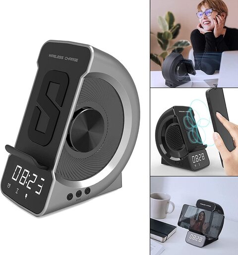 Xinmier Wireless Charging Alarm Clock Tf Card Bluetooth Speaker USB Charging Nfc Function Fm Radio Audio Input Handsffor Home - Gray (Gray)