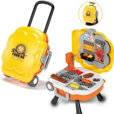 Kids tool set, pretend play kids tool bench with rolling travel bag with music and light Preschool Toy Gift for Kids Toddler Baby Children Boys and Girls
