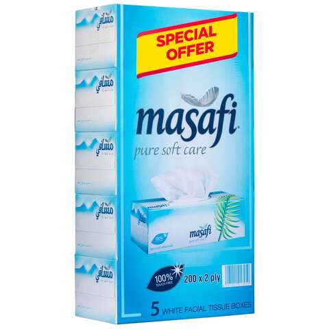 Buy Masafi Pure Soft Care 2 Ply Facial Tissues White 200 Sheets Pack of 5 in UAE