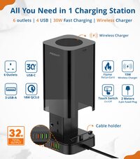 Pegant 3-in-1 USB-C Tower Power Extension Cord With 15W Wireless Charger, 4 USB And Elegant Box, 6 Outlets, 1x 30W USB-C PD3.0, 2x USB-A, 1x QC3.0 18W, 2M Cable Power Strip Elegant Organizer Box