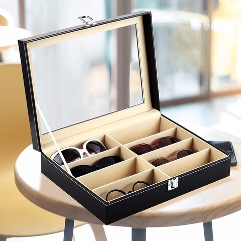 8 Slot Sunglass Organizer Leather Eyeglasses Display Case Storage Box