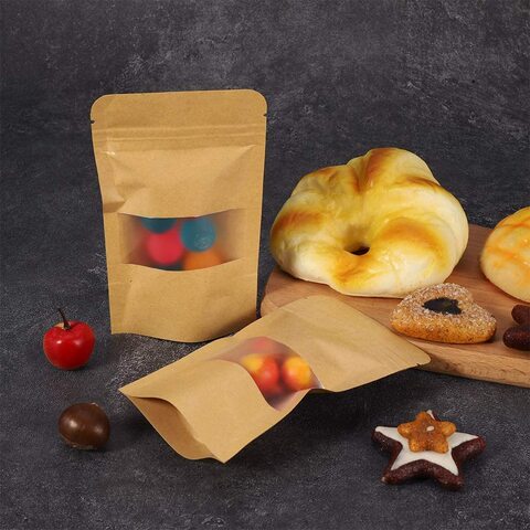 Food Pouches 12pcs Size 23x16x4cm, Kraft Stand Up Food Bags, Zip Lock Reusable Packing Pouches with Transparent Window and Tear Notch Thicken Heat Sealable, or Storing, Cookie and Snack, Paper pouch
