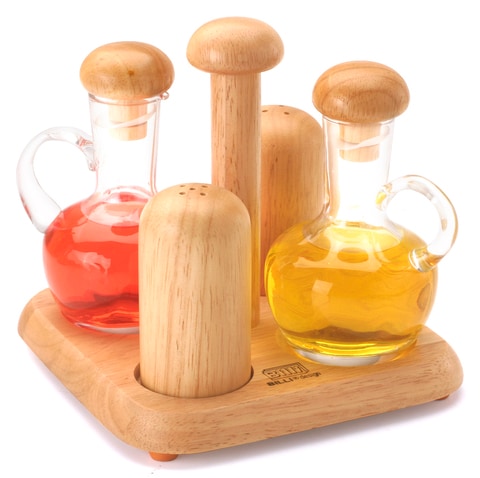 BILLI GLASS OIL &amp; VINEGAR BOTTLE WITH WOODEN COVER- WOODEN SALT &amp; PEPPER SHAKERS WITH WOODEN STAND GW-619
