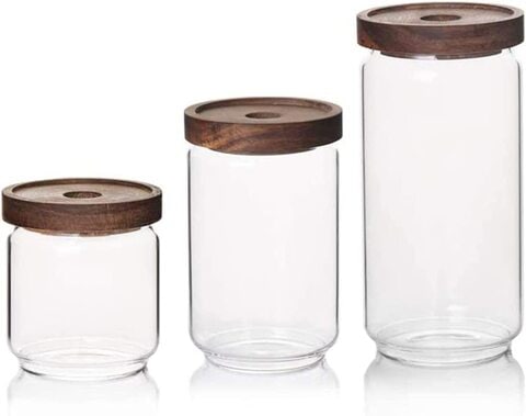 Glass jars with store wooden lids