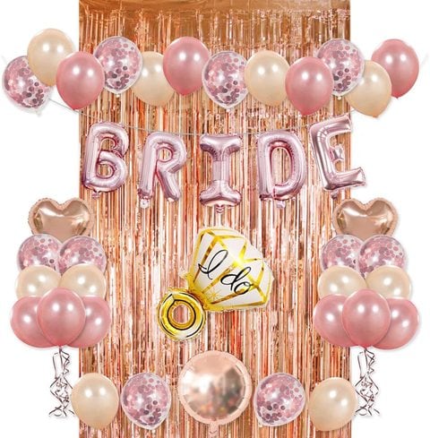 Samdone Bride Party Decorations Kit- Rose Gold Foil Fringe Curtain, 20 Latex Balloons, 10 Confetti Balloon, Bride and Ring Heart Round Mylar Balloons for Bachelorette Bridal Shower Party Supplies