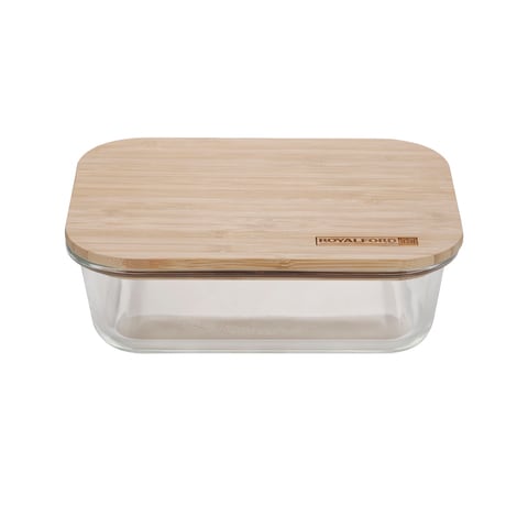 Royalford Rectangular Glass Food Container With Bamboo Lid, RF10319 - 640ml Capacity, Freezer &amp; Dishwasher Safe, Air Tight Lid With Silicone Sealing Ring