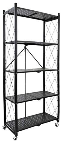 Foldable Storage Shelves, Stand Folding Metal Shelf with Caster Wheels Heavy Duty Shelving Unit Floor-standing for Garage Kitchen Home Closet Office , No Assembly Needed (Black, 5-Tier)