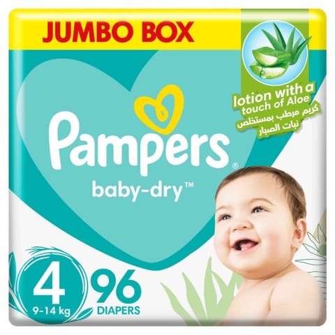 Pampers Aloe Vera Taped Diapers, Size 4, 9-14kg, Jumbo Box, 96 Diapers&nbsp;