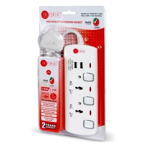 AFRA Universal Extension Cord, 2 Way 2USB 2M, 2 Universal Sockets, 2 USB Ports, 3 Meter Cable, Plastic Housing, Shock Proof, 250V, ESMA, ROHS, And CB Certified With 2 Years Warranty