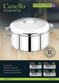 Royalford 25L Castello Stainless Steel Jumbo Hotpot- Rf11564 Firm Twist Lock To Keep Food Fresh For Long, Silver