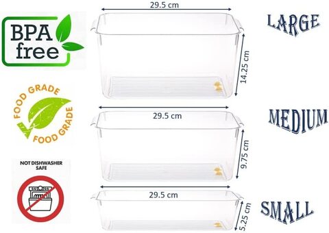 Small Clear Plastic Stackable Refrigerator Bins, Food Storage Containers Box with Lid, handles &amp; bottom stoppers, Organizers for Kitchen Fridge, Pantry &amp; Bathroom (2 Pcs)