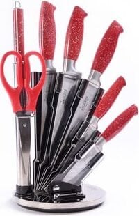 Kitchen Knife Set, 9 Pieces Chef Knife Sets with Spinning Block, High Carbon Stainless Steel Kitchen Steak Bread Knives Set with Knife Sharpener Kitchen Shear Acrylic Block, Assorted colors