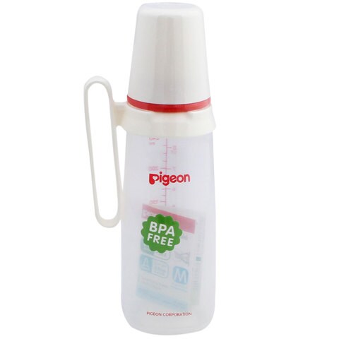 Pigeon peristaltic nipple plastic feeding bottle slim neck white cap with handle 240 ml