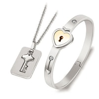 JANNAH Women Bracelet Necklace Forever Love Heart Pendant | Shield Key Pendant and Lock Bracelet for Couples Bangle for Women Necklace Bracelet Set
