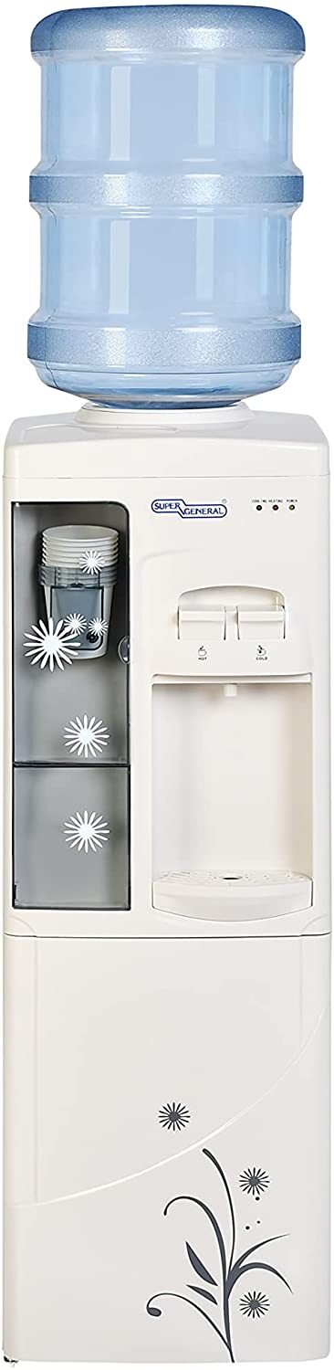 Super General Hot And Cold Water Dispenser, Water-Cooler With Cabinet And Cup-Holder, Instant-Hot-Water, 2 Taps, Sgl 1171, White/Grey, 31.2 X 32.5 X 96 Cm, 1 Year Warranty