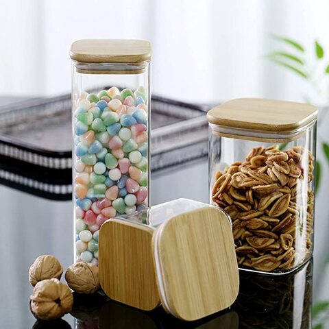 Square high borosilicate glass storage jar with bamboo lid - MAY INC
