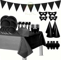 Party Time 110pcs Black Party Supplies Disposable Paper Dinnerware Set Serves 12 guest Black Paper Plates Napkins Cups Spoon &amp; Fork Hats Banner Table Cover Silver Party Sets for Wedding Birthday Gradu