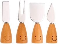 4 Pieces Stainless Steel Cheese Cutter Set with Wooden Smiley Handle, Cheese Slicer Knife Fork Serving Tools