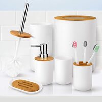 Bathroom Accessories Set, bamboo, 6 pcs Gift Set Toilet Brush, Soap Dispenser, Waste Bin, Toothbrush Holder, Soap Dish Cup Set, White
