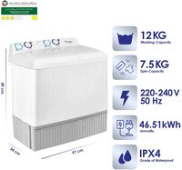 Super General 12 Kg Twin-Tub Semi-Automatic Washing Machine, White, Efficient Top-Load Washer With Low Noise Gear Box, Spin-Dry, SGW-1212, 89 x 54 x 97 cm, 1 Year Warranty (Installation not Included)