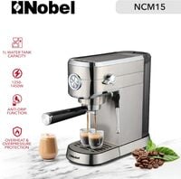 Nobel 1 Litrr Detachable Transparent Water Tank Coffee Machine With 15-Bar Professional Pressure, Espresso Automatic Dispenses With Cappuccino High Pressure NCM15 Silver 1 Year Warranty