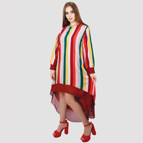 KIDWALA Size M, Women&#39;S Short Rainbow Dress, Pink Yellow Red &amp; Green Long Back Dress, Strips Dress, Long Sleeves, Chiffon, Round Neckline, Red Wristband, Ladies Dress