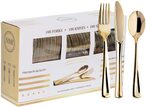 Buy N9R 300 Gold Plastic Silverware- Disposable Cutlery Serving Set-100 Forks 100 Knives 100 Spoons -Plastic Heavyweight Flatware Utensils For Weddings Parties in UAE