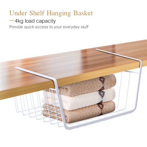 Generic-Metal Wire Under Shelf Hanging Storage Basket Space Saving Cabinet Organizer Holder for Bookshelf Kitchen Closet Office Desk Cupboard--White