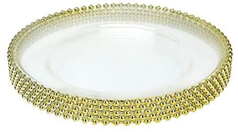Dinner plates 6PC Clear Charger Plate with Gold Beads Rim Acrylic Decorative Service Plates Dinner Serving Wedding Xmas Party Decors (Color : Gold rim, Plate Size : 13 Inches)