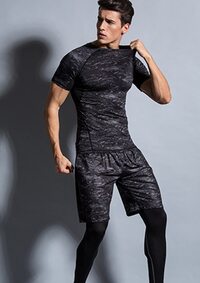 SKY-TOUCH Mens Sports Running Sets, Gym Fitness Clothing, Quick Dry Basic T Shirts, Loose Fitting Shorts, Compression Pants Workout Training Tracksuits M