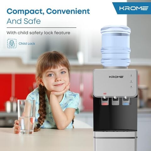 Krome Top Loading Water Dispenser, Hot, Cold And Normal Water, Floor Standing, Made With Stainless Steel Tank And Food-Grade Silicone Gel Tube, Child Lock For Hot Water, Silver &amp; Black, KR-WDTL 3TB