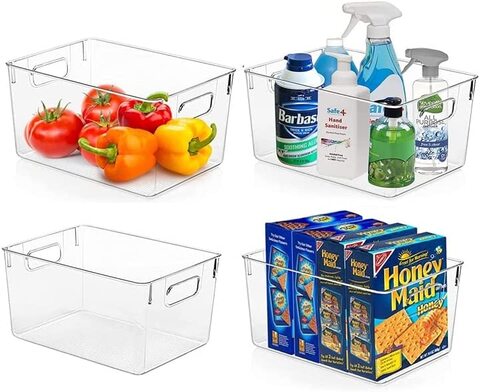 Medium Clear Plastic Stackable Bins, Food Storage Containers Box, Organizers for Kitchen, Pantry &amp; Bathroom (4 Pcs)